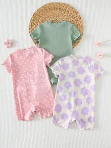 Cozy Pixies Baby Girl 3-Piece Set: Floral & Striped Knit Soft Round Neck Short Sleeve Romper & Shorts - Multicolor - View 5