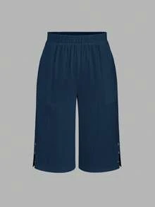 Linhara CURVE Plus Size Women Casual Capri Pants, Versatile Beach Vacation Pants With Button Decor, Practical Pockets And Slit Hem, Spring/Summer - Navy Blue - View 2