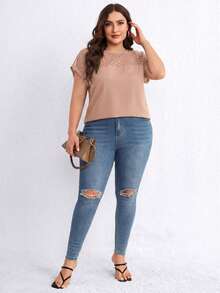 SHEIN Clasi Plus Size Solid Color Lace Patchwork Round Neck Casual Short Sleeve Shirt - Dusty Pink - View 4