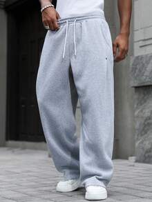 Manfinity Homme 男士淺灰色寬鬆運動長褲，鬆緊抽繩腰頭純色口袋休閒褲，秋季街頭風，城市度假、健身房適用 - 灰色 - 查看 3