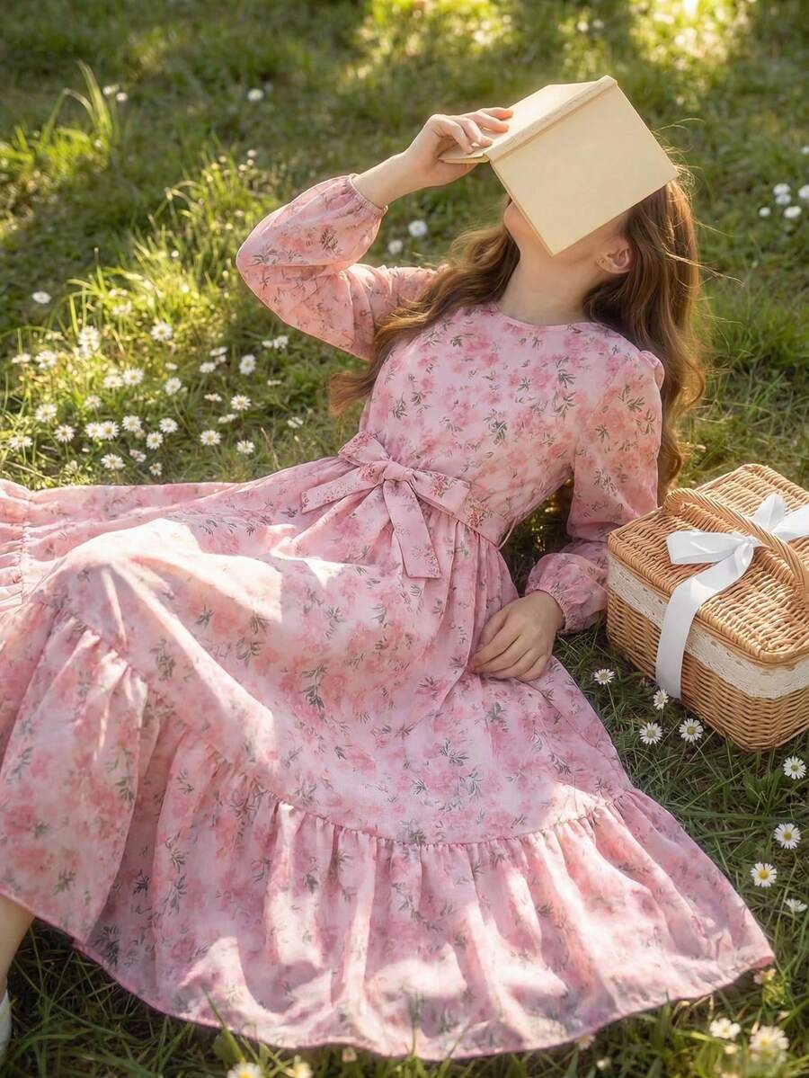 Teen Girls' Casual All-Over Print Long Sleeve Dress, Summer - Pink - View 1