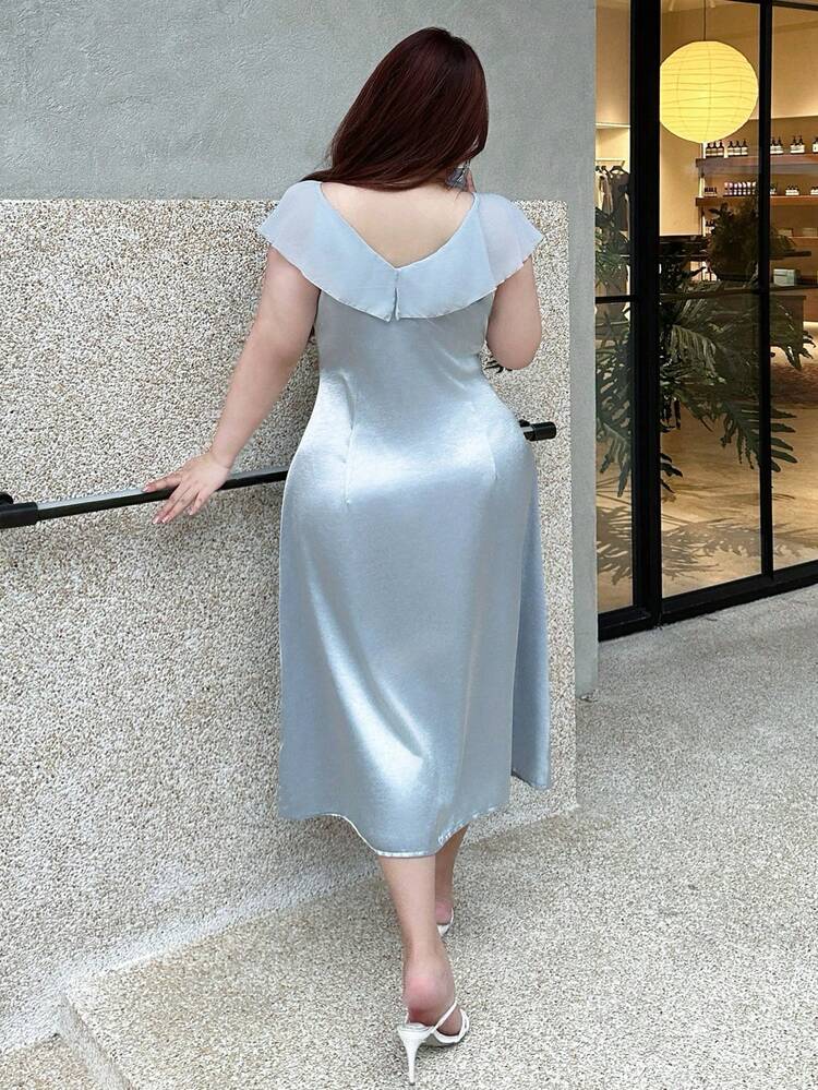 Dazy Plus Satin & Chiffon Patchwork Cinching Waist Maxi Sleeveless Elegant Plus Size Women Spring/Summer Nightgown