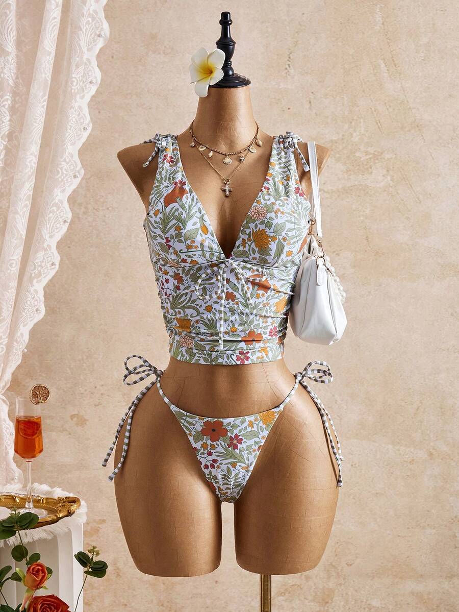 Bellisia 26SS 春夏度假植物印花女士吊带泳衣套装 - 綠色 - 查看 1