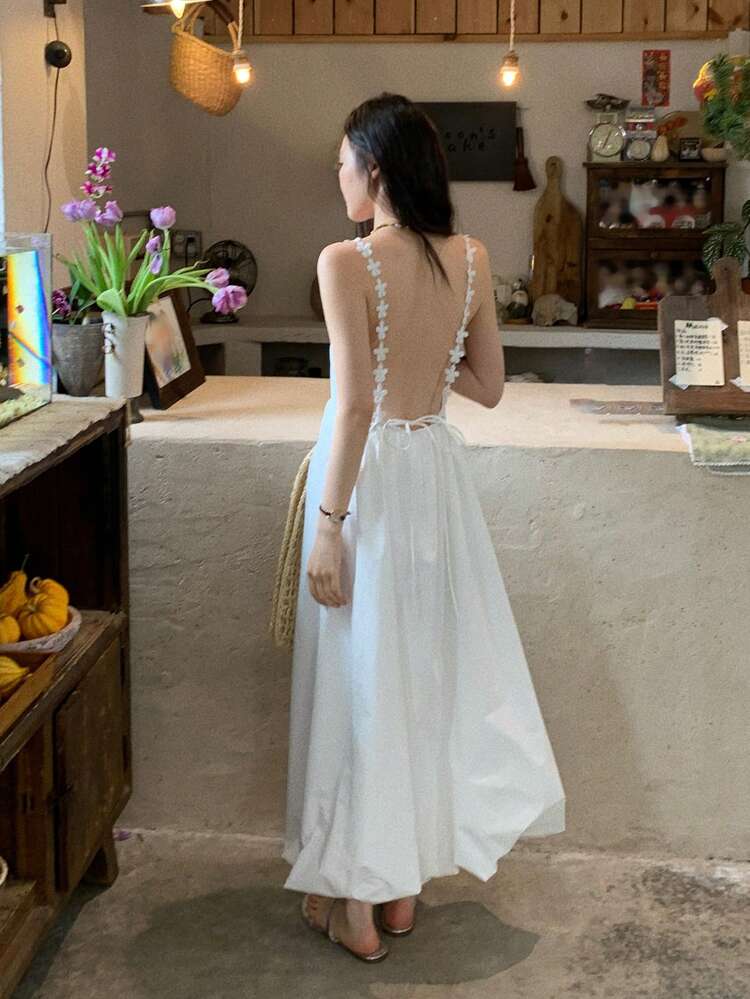 Women's Vacation Korean Style Solid Color Tie-Up Elegant Casual Dress