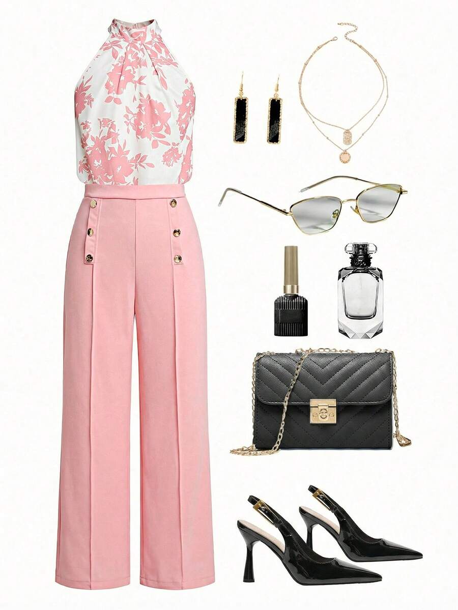 Ellevyn 大码优雅印花露背上衣和纽扣装饰长裤两件套，夏季 - 藕粉色 - 查看 1