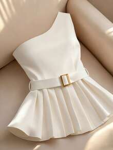 Franclia Women's Elegant One Shoulder Pleated Hem Blouse, Summer - Apricot - View 1