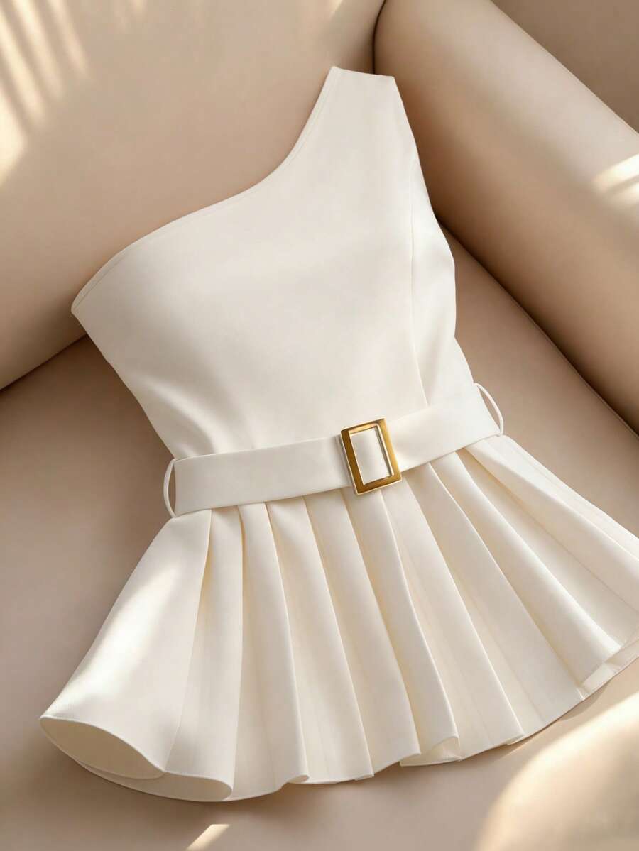 Franclia Women's Elegant One Shoulder Pleated Hem Blouse, Summer - Apricot - View 1