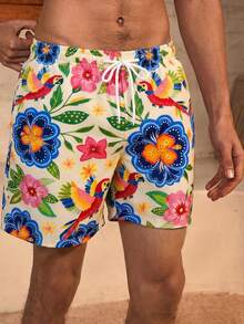 Manfinity Swimmode 男士花卉與鳥類印花抽繩休閒沙灘短褲比基尼套裝，柔和彩虹色，夏季波西米亞風，海灘度假情侶款 - 杏色 - 查看 3