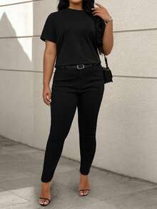EMERY ROSE Plus Size Solid Color Round Neck Toothpick Decor Pullover T-Shirt - Black - View 5