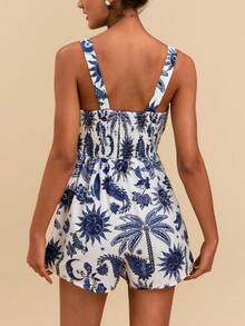 Travachic Women's Summer Beach Vacation Tropical Print Twist Front Hollow Out Camisole Romper - Multicolor - View 2