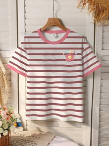 Elladie kids Girls' Sweet Floral Print Red Striped Round Neck Short Sleeve Casual T-Shirt, Summer - Multicolor - View 3