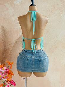 Soleia Women's Vacation Asymmetric Hem Halter Neck Camisole In Light Blue - Baby Blue - View 2