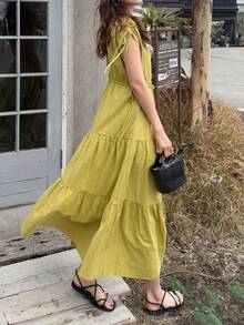 FRIFUL Vestido de línea A sin mangas con cordones ajustables en los hombros, vestidos de verano para mujeres - Amarillo - Ver 5