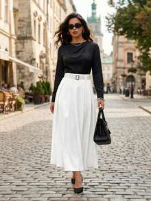 Plus Size Women High-Waisted A-Line Skirt, Elegant For Commuting - White - View 4