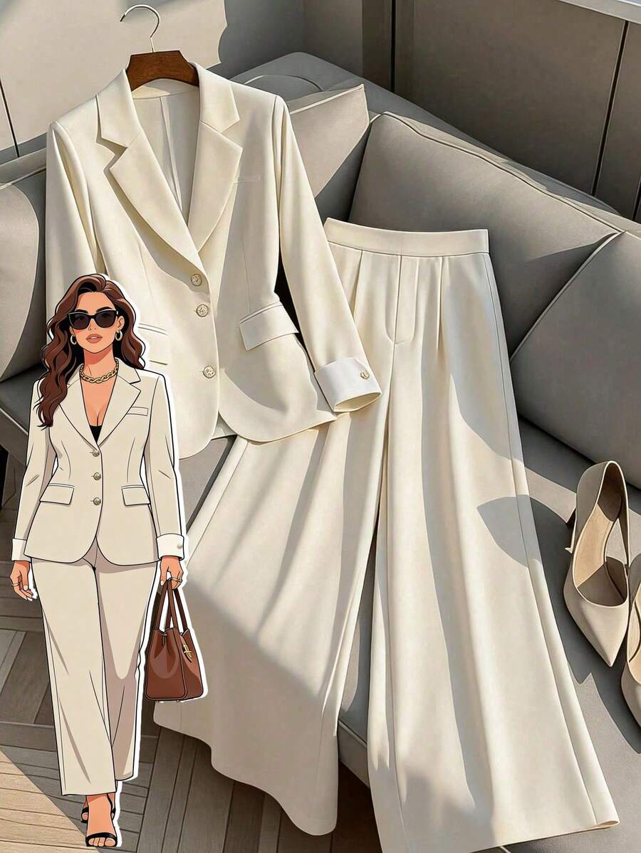 GlowEve CURVE Plus Size Women's Popular Solid Color Contrast Collar Long Sleeve Commuter Suit Set, Elegant Fitted Tailored Design, Metal Button Decor, Versatile For Women In Autumn/Winter White Office - Apricot - View 1