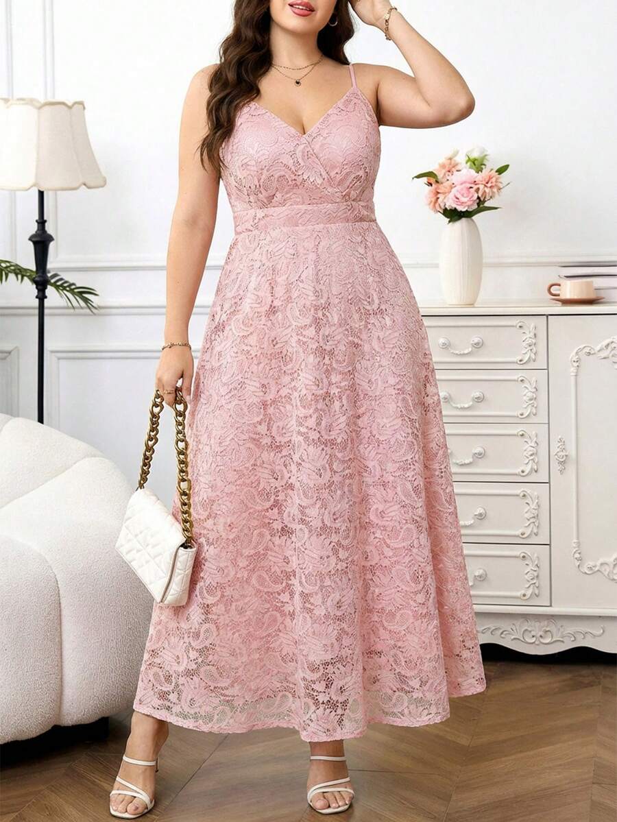 Reflora 大码优雅纯色蕾丝吊带连衣裙，夏季 - 粉色 - 查看 1