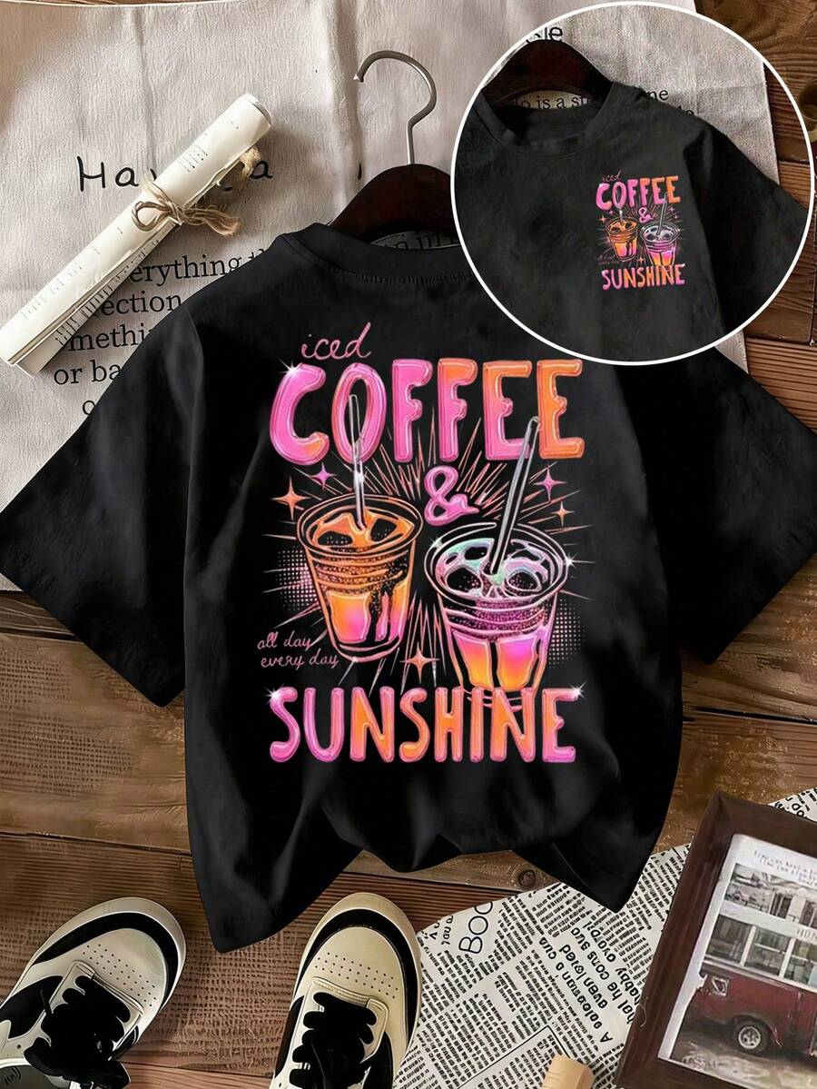 EMERY ROSE Camiseta de mujer "Café con hielo y sol", Camiseta de café con hielo, Amante del café - Negro - Ver 1
