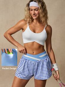 VARSIVA Women's Casual Sports Plaid Print Elastic Waist Shorts - Multicolor - View 2
