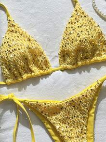 Swim MOD 2-Piece Set, Textured Glitter Halter Neck Triangle Bikini Top And Side Tie Bottoms, Sexy Women's Swimsuit Set For Spring/Summer Vacation - Yellow - View 3
