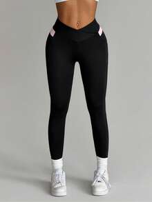 SHEIN Dewbera Quần legging thể thao nữ màu đen ôm sát, dài đến 3/4, có cạp quần phối màu tương phản và túi, thích hợp cho mặc hàng ngày, chạy bộ, yoga, tập gym, tennis, golf. - màu đen - Xem 6