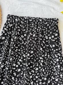 SHEIN 少女黑色碎花高开衩裙 - 黑色 - 查看 3