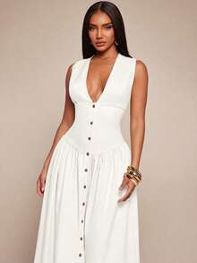 Radiana Đầm nữ gợi cảm, thanh lịch, tối giản, cổ chữ V, không tay, chất liệu giả vải lanh, đầm thắt eo, đầm sơ mi cài cúc phía trước, đầm xòe, đầm thường ngày, đầm phong cách retro, đầm tối giản, đầm đi nghỉ mát. - trắng - Xem 5