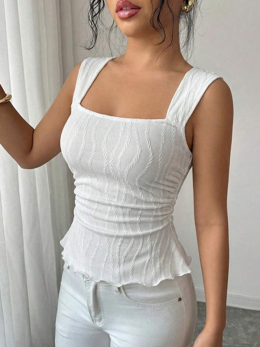 Elenzga Áo tank top dệt kim không tay cổ vuông, chất liệu jacquard, kiểu dáng thanh lịch và sang trọng cho kỳ nghỉ. - trắng - Xem 1