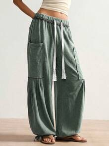 Bohemela Pantalones casuales sueltos con cordón en la cintura para tallas grandes - Verde militar - Ver 4