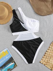 Swim Vcay Traje de baño de una pieza con bloques de color y un hombro descubierto para tallas grandes, apto para verano - Blanco y Negro - Ver 8