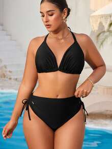 Swim Vcay 加大码三件套热带植物印花罩衫套装，含女士吊带背心和比基尼泳装，适合海滩度假休闲穿着 - 黑與白 - 查看 3