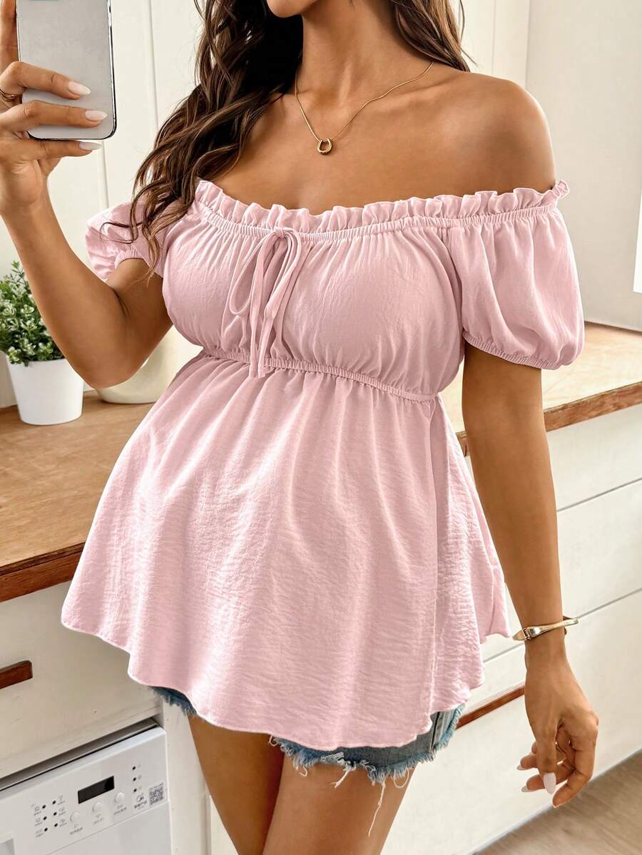 SHEIN 孕妇度假纯色荷叶边露肩短花瓣袖上衣 - 粉色 - 查看 1