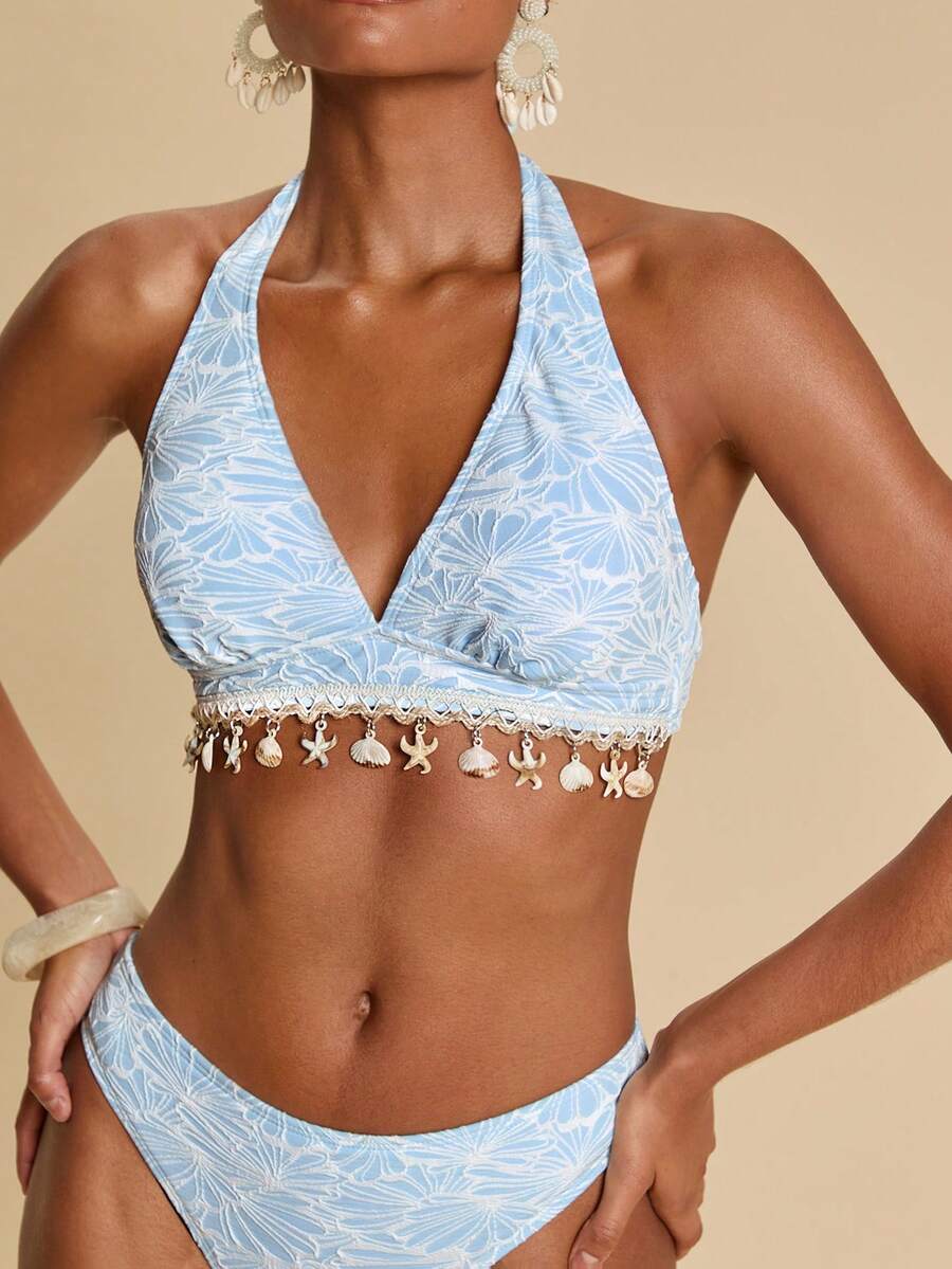 Travachic Bộ bikini gợi cảm buộc dây cổ, họa tiết hoa, dành cho nữ, thích hợp mặc đi biển mùa hè. - Màu xanh lam - Xem 1