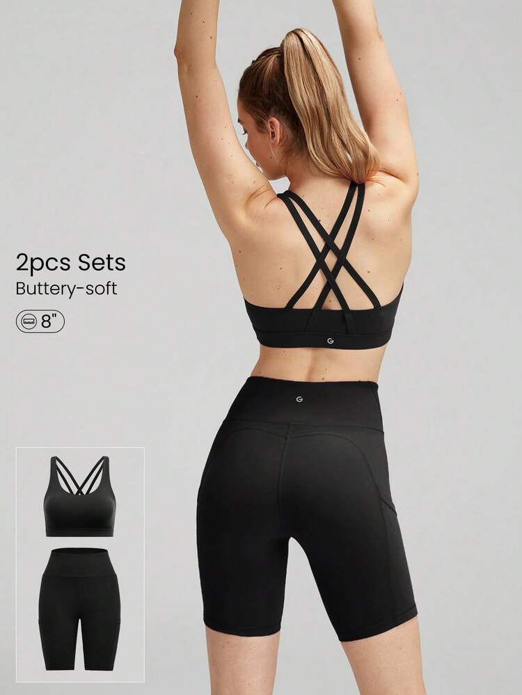 2 Pieces FeatherFit™ Sports Bra & 8'' Shorts Set Strappy Back Bra Tank Top With High Waist Side Pockets Biker Shorts Low Impact Yoga Pilates Daily Running Gym Workout Summer