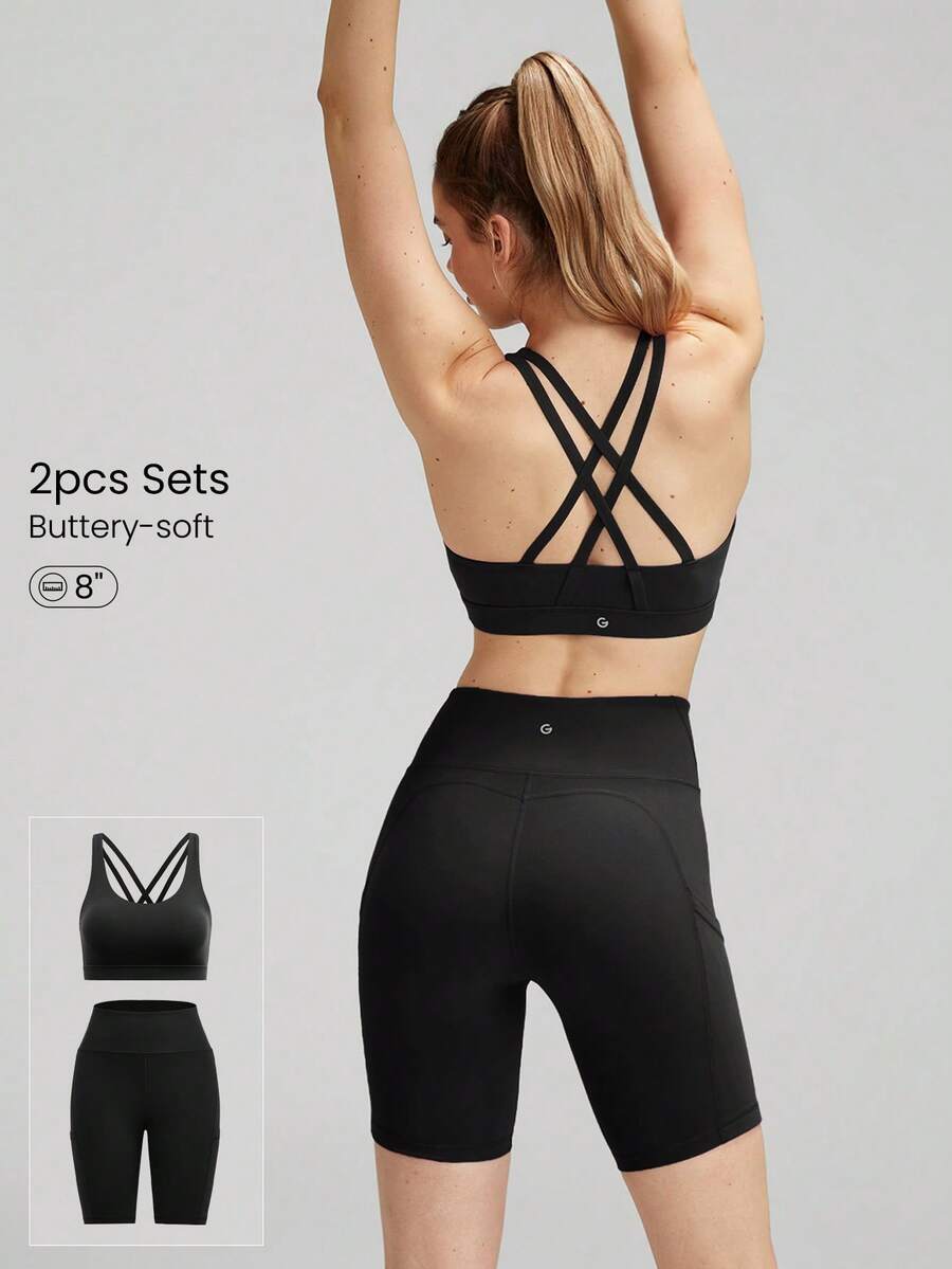GLOWMODE 2 Pieces FeatherFit™ Sports Bra & 8'' Shorts Set Strappy Back Bra Tank Top With High Waist Side Pockets Biker Shorts Low Impact Yoga Pilates Daily Running Gym Workout Summer - Black - View 1