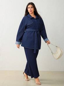 Selenza 大码女式纯色水洗牛仔外套，秋冬款 - 深色水洗藍 - 查看 5