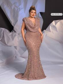 Glamrae Petite Curve Đầm dạ hội dáng đuôi cá màu sâm panh, màu sâm panh, sang trọng, gợi cảm, cổ khoét sâu, đính đá lấp lánh, tay rộng, dành cho nữ, cỡ lớn (đính kèm nhiều chi tiết trang trí). - Bụi hồng - Xem 7