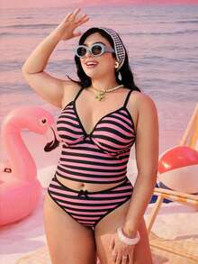 Swim Mod 2026新款加大码女式两件套随机几何印花时尚度假休闲简约显瘦端庄蝴蝶结可调节加粗肩带高腰高开衩三角比基尼泳衣 - 粉色 - 查看 6