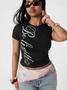 女士春夏街头风复古时尚弹力舒适短款T恤，Y2K风格露脐时尚印花粉色T恤 - 黑色 - 查看 5