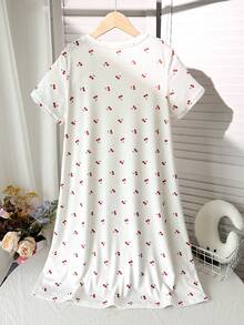 SHEIN Áo ngủ tay ngắn dáng rộng in hình quả anh đào dành cho bé gái tuổi teen. - trắng - Xem 3