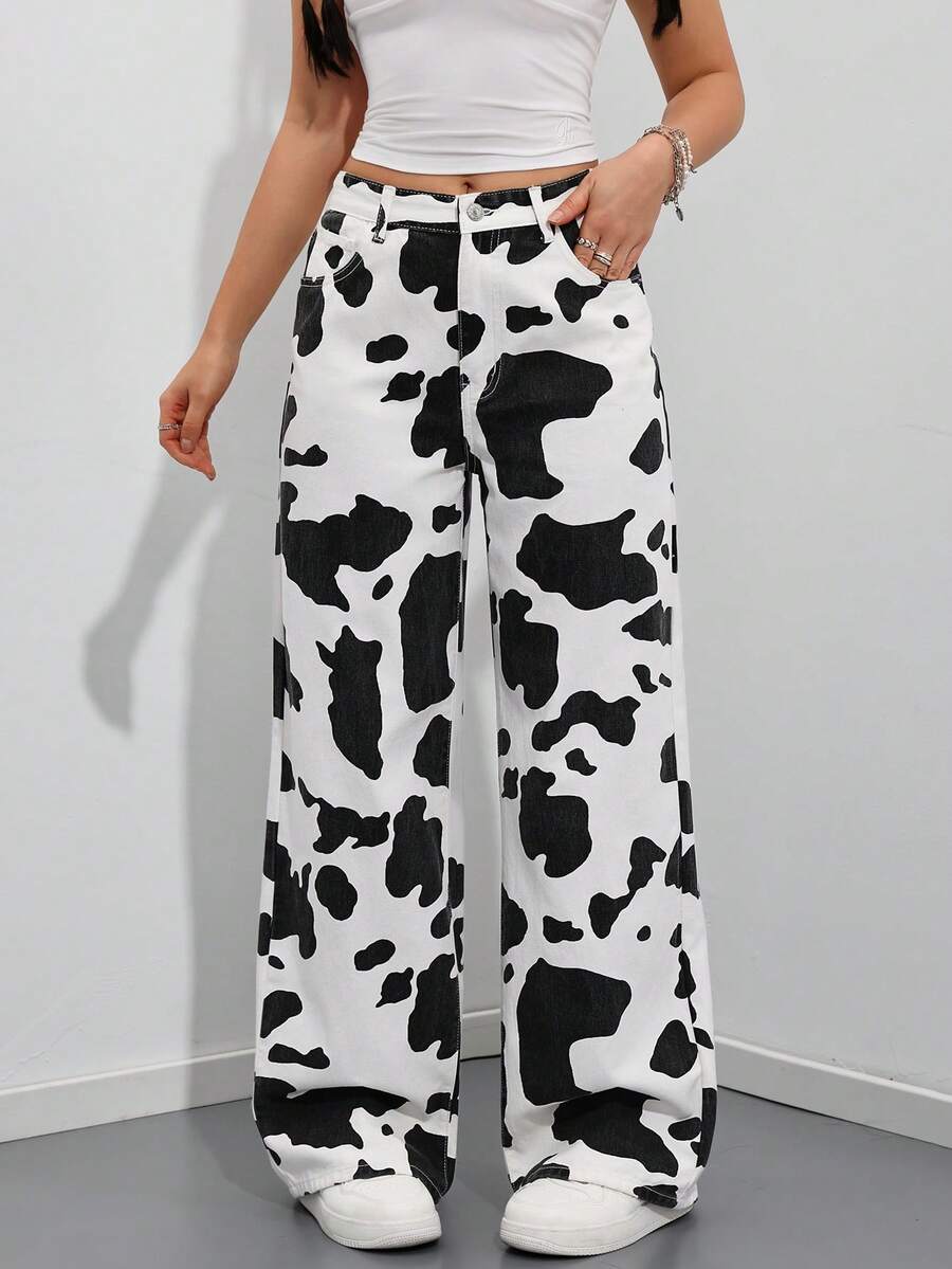 SHEIN ICON 女士奶牛纹口袋阔腿宽松休闲牛仔裤 - 彩色 - 查看 1