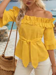 EMERY ROSE Blusa casual con hombros descubiertos y volantes para mujer - Amarillo - Ver 6