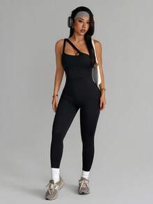 SHEIN Dewbera 女士黑色镂空露背无袖交叉镂空腰部七分连体裤，适合日常休闲穿着、跑步、瑜伽、健身、网球、高尔夫等运动。 - 黑色 - 查看 4