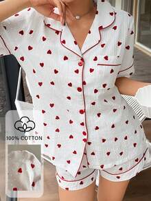 SHEIN 女士100%纯棉提花短袖短裤睡衣套装，心形印花，夏季睡衣 - 白色 - 查看 3