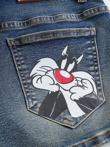 LOONEY TUNES X SHEIN Quần short denim nữ casual in hình hoạt hình ngộ nghĩnh, thích hợp mặc hàng ngày đi làm, mùa hè. - Màu xanh lam - Xem 5