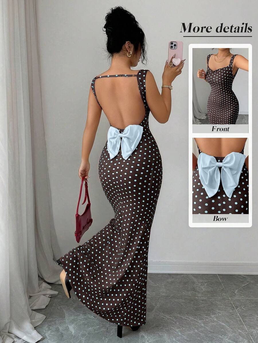 Elenzga 优雅复古波点露背拼接蝴蝶结鱼尾连衣裙，适合约会和派对，尽显优雅迷人气质。 - 彩色 - 查看 1