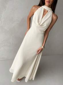 Aloruh Women's Yellow Draped Neck A-Line Flowy Tie Back Dress,Summer Dresses For Women - Apricot - View 4