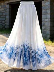GlowEve Falda larga y fluida con estampado, elegante y con lazo en la cintura, de moda para el verano y las vacaciones para mujeres - Azul - Ver 2