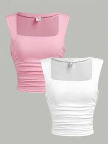 SHEIN Teen Girls Black & White Knit Ruched Waist Crew Neck Sleeveless Camisole Layering Set - Pink - View 3