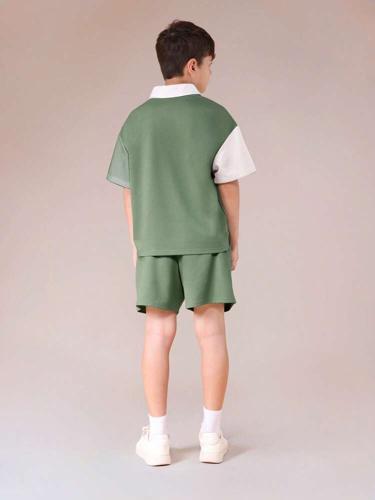 Color Block Polo Shirt And Shorts Set