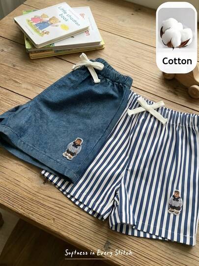 Cozy Pixies Bộ 2 quần short bé trai in hình gấu hoạt hình, sọc, cạp chun.